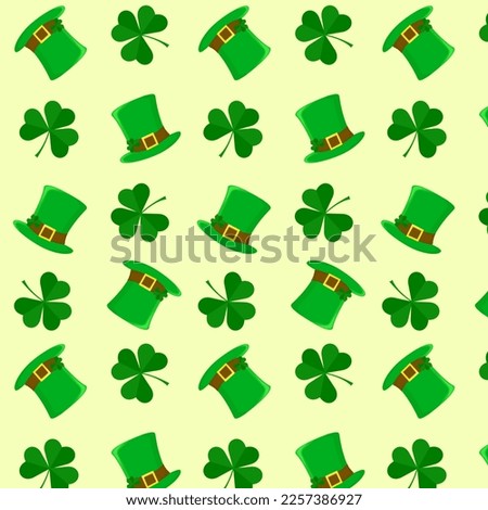 St. Patrick's day seamless pattern. Holiday print with green hats and clovers. Flat design cartoon style vector patrick endless texture for Irish.Repeated backdrop, texture, wallpaper.