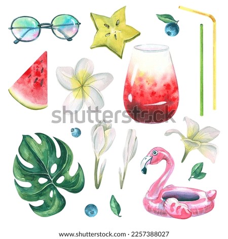 Alcoholic cocktail with tropical leaves, plumeria flowers, sunglasses, pink, inflatable flamingo, carmbola, watermelon and blueberries. Watercolor illustration. A set from the BEACH BAR collection.
