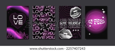 Aesthetic acid y2k cyberpunk love backgrounds. Design templates for valentine day card, social media, banner. Vector illustration of trendy girly neon pink graphic with wireframe, halftone collage. Royalty-Free Stock Photo #2257407243