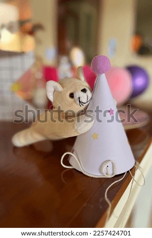 A small beige plush kitten holding a large birthday hat with images of colorful stars and a pink pompom on the tip in front of a blurred background.
