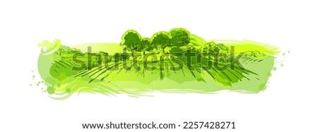 Vector Green field on small hills. Meadow grass, alkali, lye, grassland, pommel, lea, pasturage, farm. Rural scenery landscape panorama of countryside pastures. illustration Royalty-Free Stock Photo #2257428271