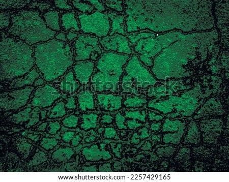 Old cracked asphalt, big green vector grunge background created by nature. Unique wallpaper. For screen, desktop, website design, overlay, stencil, stylization, design, polygraph. Good texture
