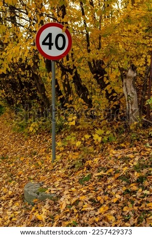 Road sign limiting the speed to 40 kmh among autumn vegetation. Day.