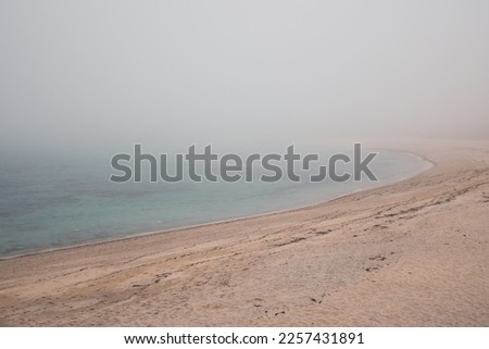 Sandy beach in heavy fog without people. The water is turquoise in color.