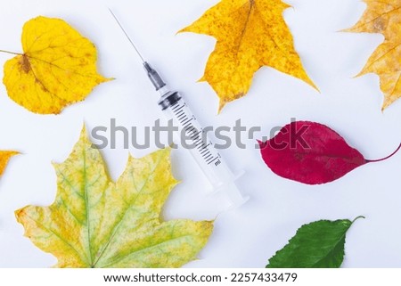 Autumn vaccination of population. Syringe in autumn leaves. Vaccination in autumn. New vaccine..
