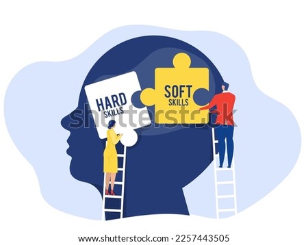 business woman and man holding two pieces between Hard VS Soft Skills Concept on big head human Idea Development ,Multiple Intelligences Vector Illustration Royalty-Free Stock Photo #2257443505