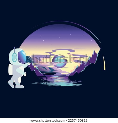 Astronaut explore a new planet in cartoon style. vector illustration on space background. exploration of planetary surfaces. space research.