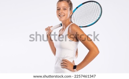 Tennis player. Girl athlete teenager with racket isolated on white background. Picture for a sports magazine or an article on a website on the topic of tennis for children