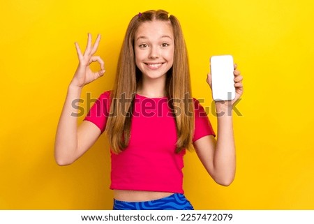 Portrait photo of funny cheerful smiling positive girl wear crop top showing okey sign hold empty space display isolated on yellow color background