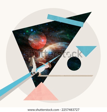 Contemporary art collage. Beautiful young couple, man and woman dancing over cosmos design. Romance. Surrealism. Futuristic creative design. Abstract art. Concept of inspiration and creativity
