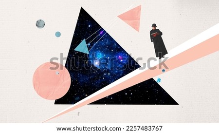 Contemporary art collage. Senior woman, lady reading book. Outer space image inside geometric figures. Surrealism. Futuristic creative design. Abstract art. Concept of inspiration and creativity