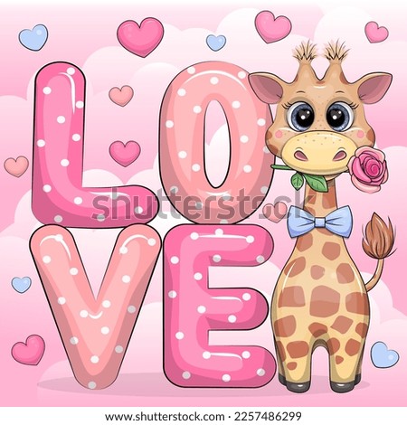 Word Love and cute cartoon giraffe with blue bow tie and rose. Vector illustration of animal on pink background with hearts.