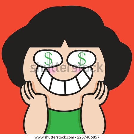 Closeup Portrait Of A Hopeful Young Woman With Dollar Signs In Her Eyes Holding Cheeks With Hands Concept Card Character illustration