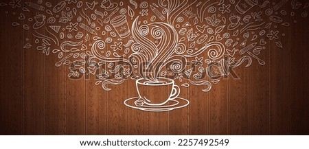 Coffee doodle illustration in wooden background. Coffee shop Signboard Template with Cup concept art. Cafe wall art illustration in dark wooden background. Royalty-Free Stock Photo #2257492549