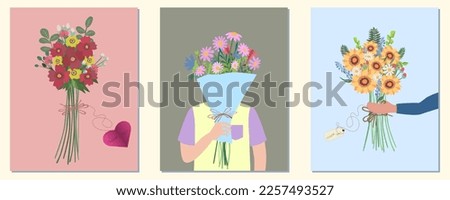 A set of post cards for valentines day, mothers day, birthday, to say thank you. Each part of the illustration can be used individually and isolated. Cute pastel illustration of a Bouquet of flowers. Royalty-Free Stock Photo #2257493527