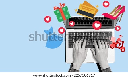 Big sales! Creative trend abstract template vector collage illustration of woman's hand using laptop computer. Online shopping and delivery concept isolated over blue background.