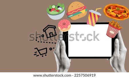 Creative trend abstract template vector collage illustration of woman's hand arm algorithm holding tablet computer. Online shopping concept. Food delivery concept.