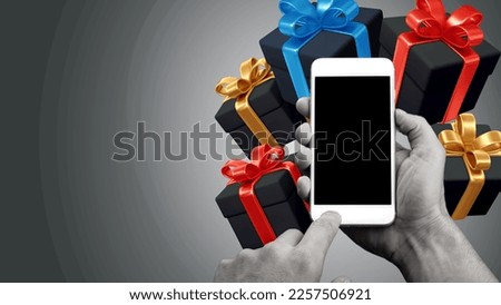 St Valentine's day sale! Creative trend abstract template vector illustration collage of woman's hand arm algorithm receives gift boxes mobile phone isolated over grey background.