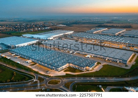 Aerial view of the logistics center in the evening Royalty-Free Stock Photo #2257507791