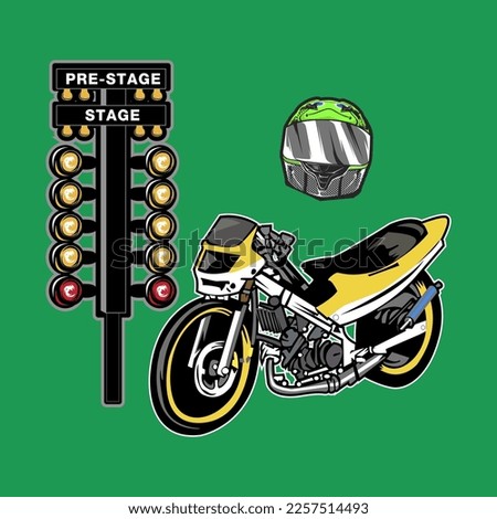 vector illustration of a road race motorbike, helmet and drag lights suitable for use for a Thailook t-shirt design