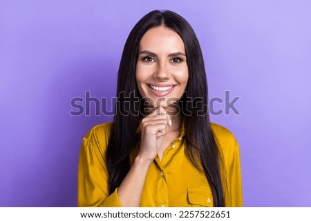 Photo of minded adorable lady arm under chin glad know answer solution isolated on purple color background