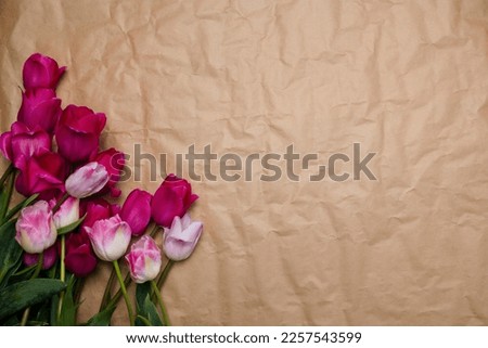 Pink tulips on a textured paper banner with space for copy. Beautiful blooming spring flowers, March 8, mother's day, birthday, wedding. large background with a bouquet of pink tulips