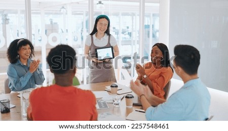 Presentation, winner and success with business people in meeting for applause, celebration and branding idea. Tablet, achievement and support with employee in startup for praise, promotion or award Royalty-Free Stock Photo #2257548461
