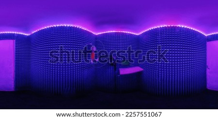 full hdr 360 panorama inside soundproof studio room for recording songs with microphones in dark blue neon light in equirectangular spherical projection Royalty-Free Stock Photo #2257551067