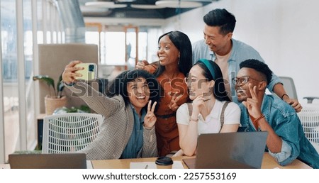 Business people, phone and selfie in office by team happy, relax and smile while bonding and having fun. Work, friends and smartphone for photo with group with diversity, pose and embrace for picture