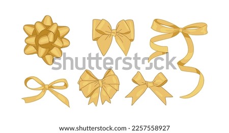 Gold ribbon bow set. Golden silk ribbons with bows festive decoration satin rose, luxury element for holiday packaging and design, elegant gift tape vector decoration set on white background isolated.