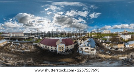 aerial view full hdri seamless spherical 360 panorama over construction site of old abandoned medieval building near bridge across river in equirectangular projection ready for virtual reality VR AR