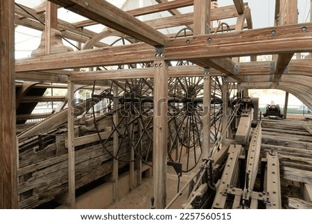 U.S.S. Cairo River Ironclad on display at Vicksburg National Military Park. USS Cairo, American ironclad warship built for U.S. Civil War, was sunk by mine. Discovered, lifted, preserved. Paddlewheel Royalty-Free Stock Photo #2257560515