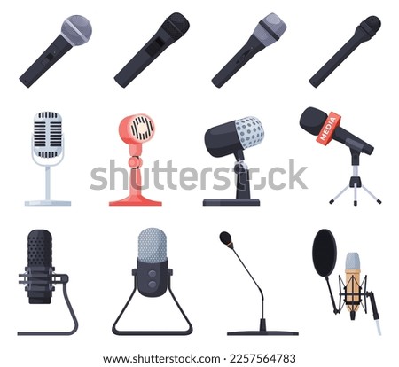 A set of microphones of different types. Audio recording tools. Vector illustration