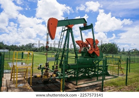 Oil pump jack under the blue sky. Brunei Field oil pump onshore production well Nodding Donkey