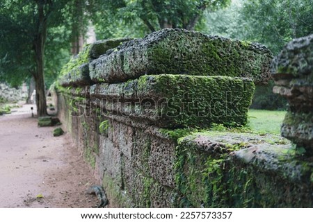 A closeup photo taken at the Ta Prohm temple site showing a partially collapsed wall with green moss growing on it. The picture shows in good detail the texture of the weather eroded sandstone. 