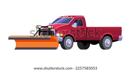 Modern red snow plow pickup truck. Colorful vector illustration on white background