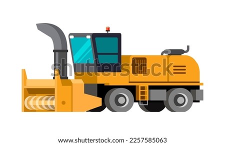 Modern snow plow municipal vehicle for snow clearing city street. Colorful vector illustration on white background. Snow blower attachment