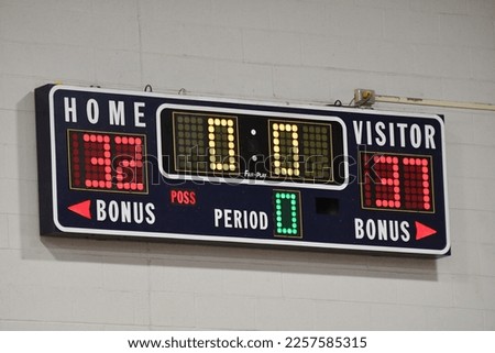 Numbers on a scoreboard on the wall of a gym