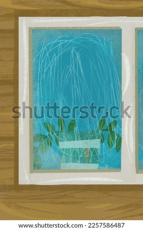 cartoon scene with window in the wooden house illustration