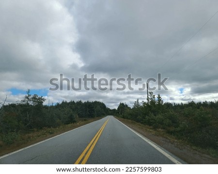 A highway running through a heavily wooded rural area on a  cloudy summer day.