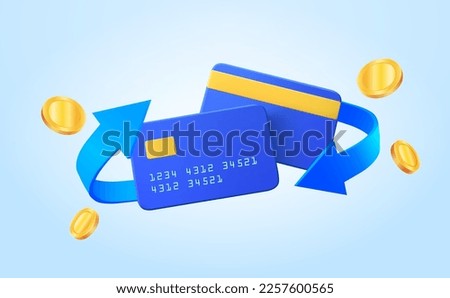 Cash back credit card with cashback icon and flying coins on blue background. Credit or debit card refund money, online payment, Money-saving, money transfer, coins. 3d vector illustration Royalty-Free Stock Photo #2257600565