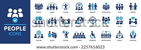 People icon set. Containing group, family, human, team, community, friends, population and senior icons. Solid icon collection. Royalty-Free Stock Photo #2257616023