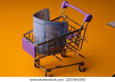 Shopping cart full of money (Malaysian Ringgit). Multi currency basket concept. RM. Satu ringgit Malaysia. One Ringgit Malaysia. Economy concept. 
