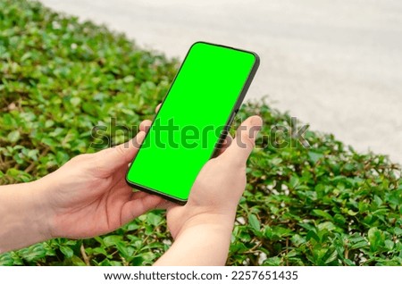 female hands hold a smartphone against the background of green bushes. Green screen, copy space and chromakey on smartphone screen. Template for inserting an image on the screen.