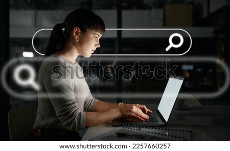 Night, overlay or woman typing to research web design on internet, website or online on laptop in office. Digital, iot or employee reading SEO information in overtime in dark workplace for big data
