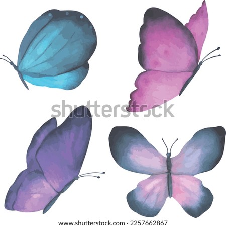 A collection of watercolour butterflies, scalable vector drawings. A set of vector butterflies for postcards, packaging design, perfectly combined with flowers and creating a summer mood.