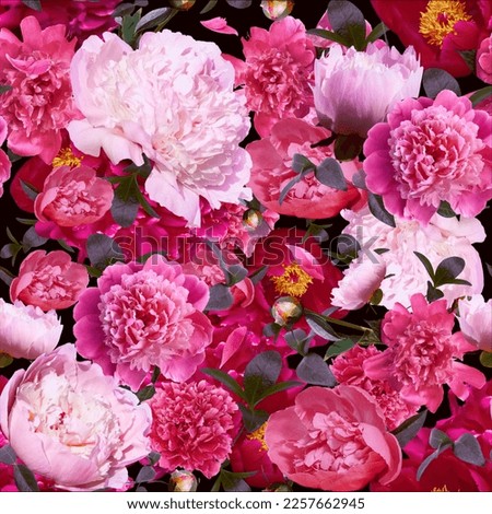 pattern of garden peonies. beautiful flowers on a black background. emplate for fabrics, textiles, paper, wallpaper, interior decoration.