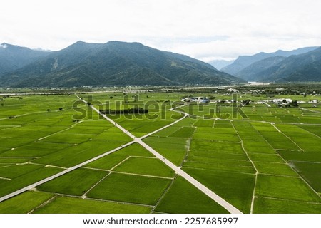 Bird eye view of Taiwan valley -Aerial view and colorful landscape with sky, cloud, hill, river,valley and road; use the drone in morning, shot in Chishang Township, Taitung County, Taiwan