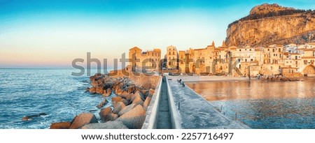Outstanding evening cityscape of Cefalu city. Popular travel destination of Mediterranean sea. Location: Cefalu, Province of Palermo, Sicily, Italy, Europe Royalty-Free Stock Photo #2257716497