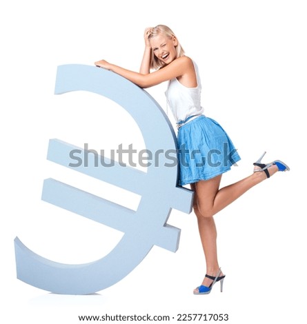 Economy, euro sign and portrait of woman on a white background for finance mockup, money and profit growth. Financial investment, stock trading and isolated girl with UK currency for banking exchange
